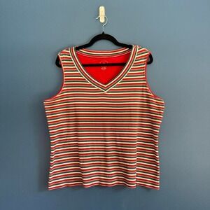 Y2K White Stag Tank Top Women's Size XL Stripe Red Green White V Neck Retro‎